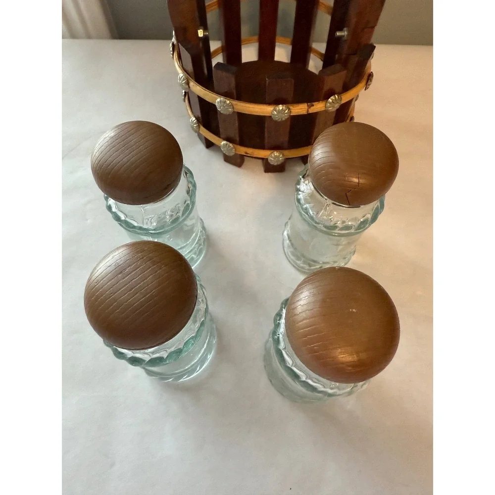 Vintage Wood Caddy Glass‎ Salt and Pepper Shakers Set Country Farmhouse